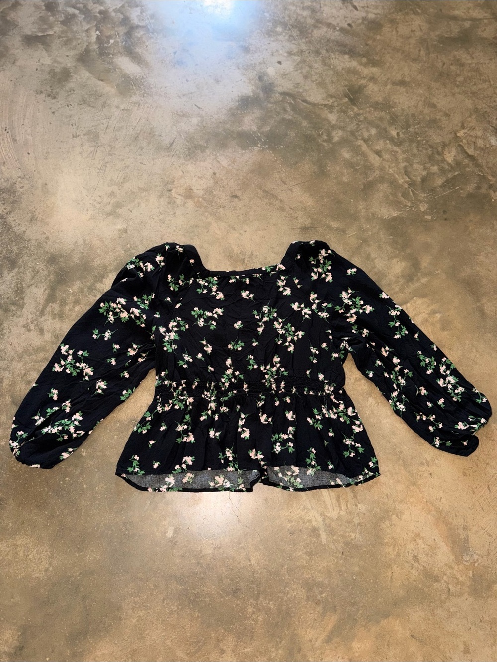 Old Navy XXL Black Floral Peplum Blouse Square Neck Balloon Sleeve Cottage - Picture 5 of 14